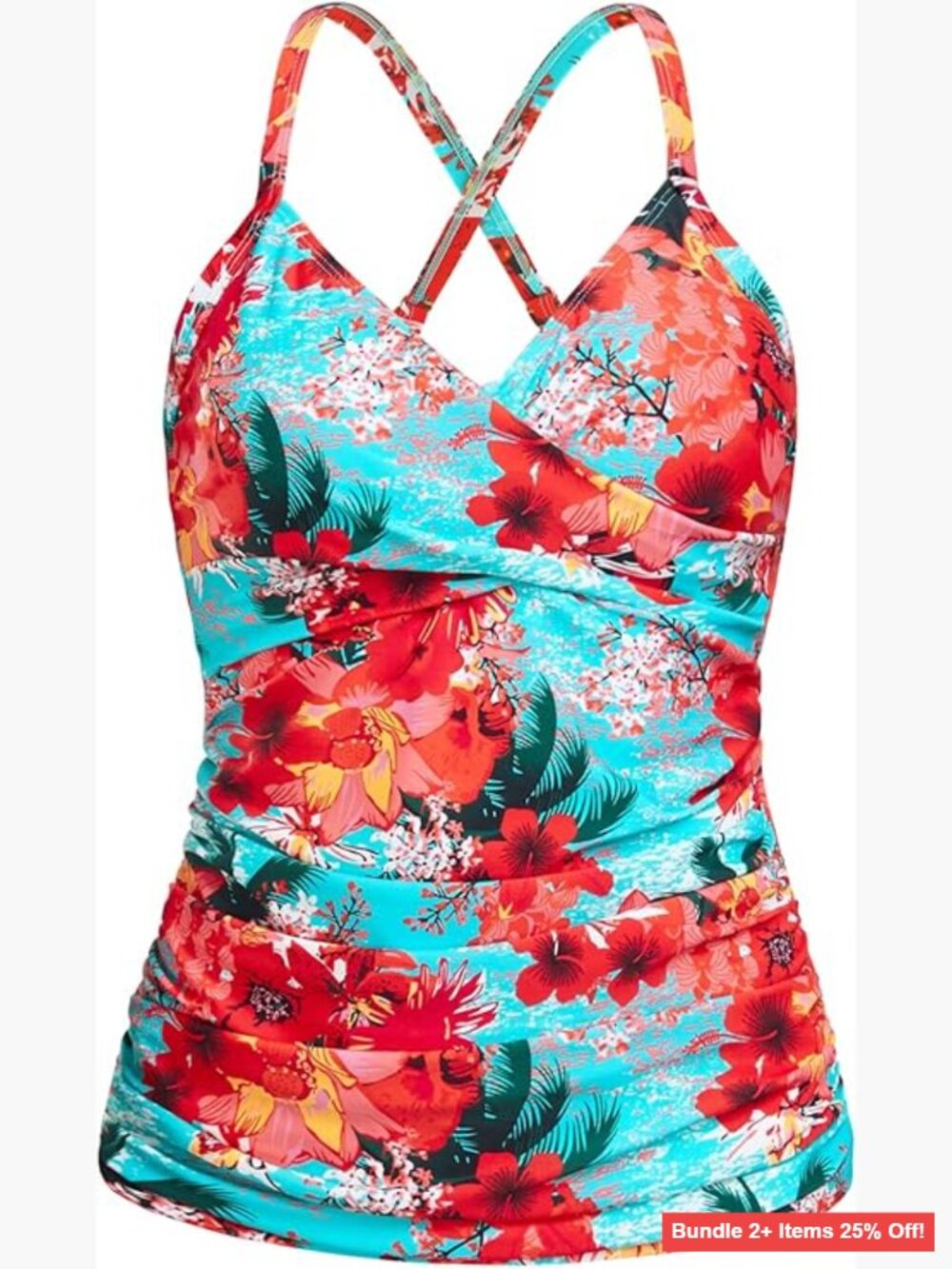 X-Large V-Neck Tankini Top Ruched Tummy Control Adjustable Straps